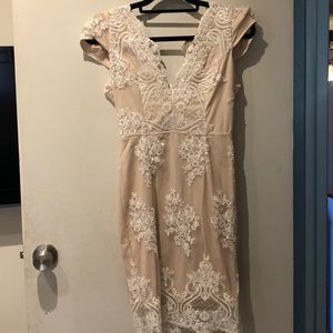 Tan dress with white lace overlay